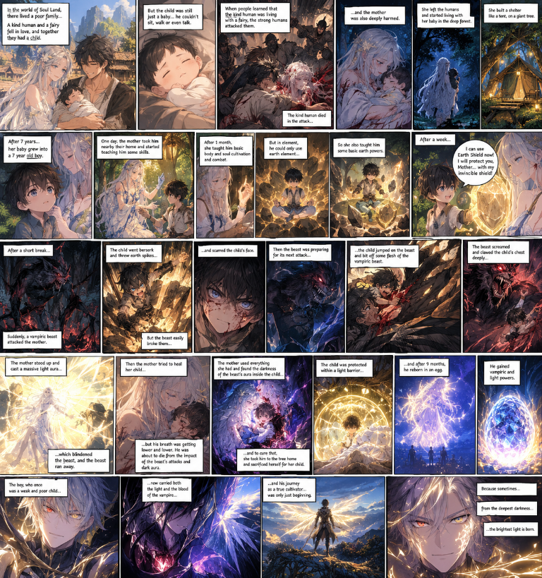 A manga page following a mother and child through a dangerous encounter and the awakening of a radiant power.